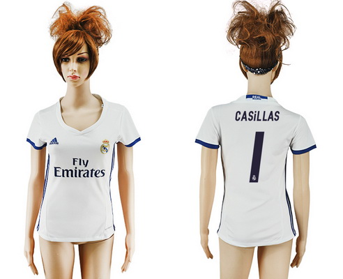 2016-17 Real Madrid #1 CASILLAS Home Soccer Women's White AAA+ Shirt